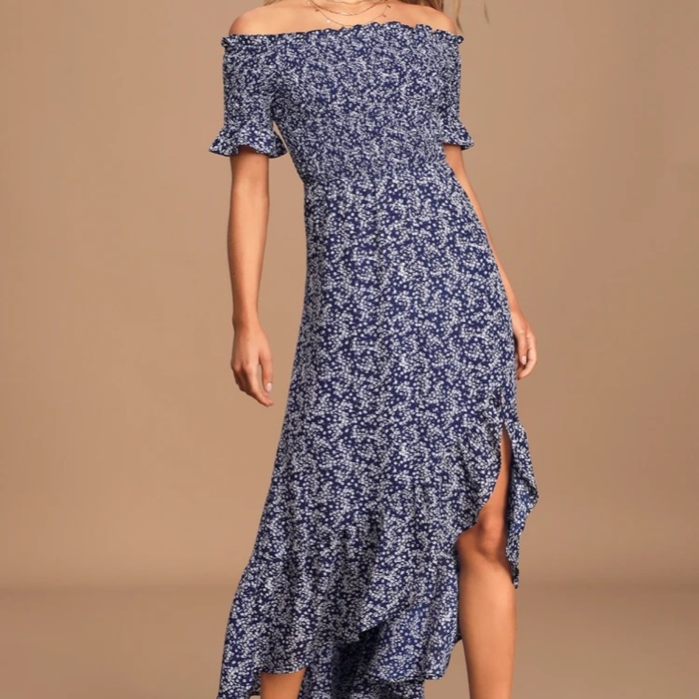 Fleur-tation Navy Off-the-Shoulder Midi Dress